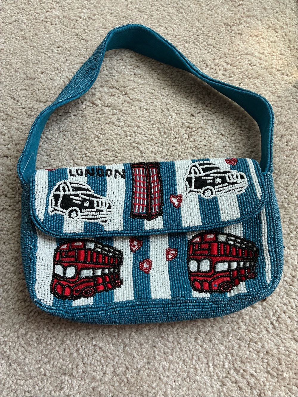 London Beaded Teal Shoulder Bag with Red Bus Motif